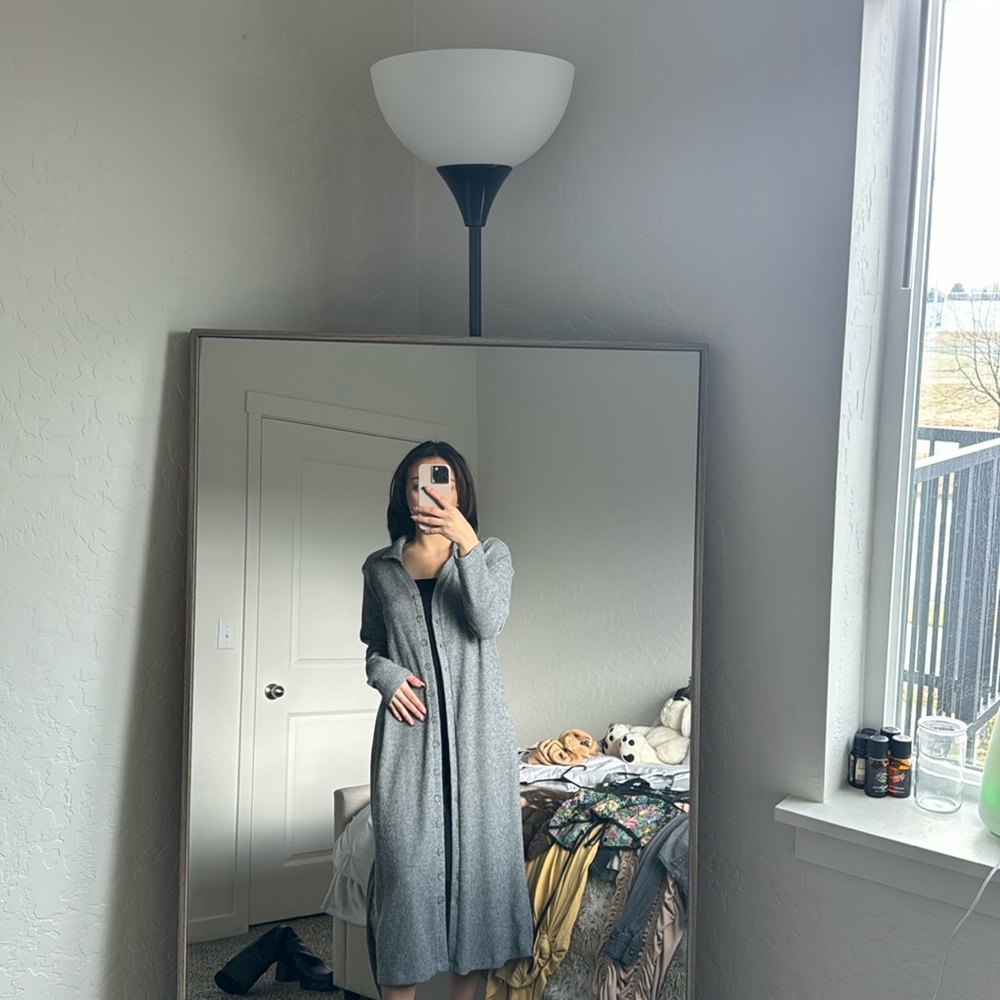 dark grey polo shirt style long button up ”dress” cardigan